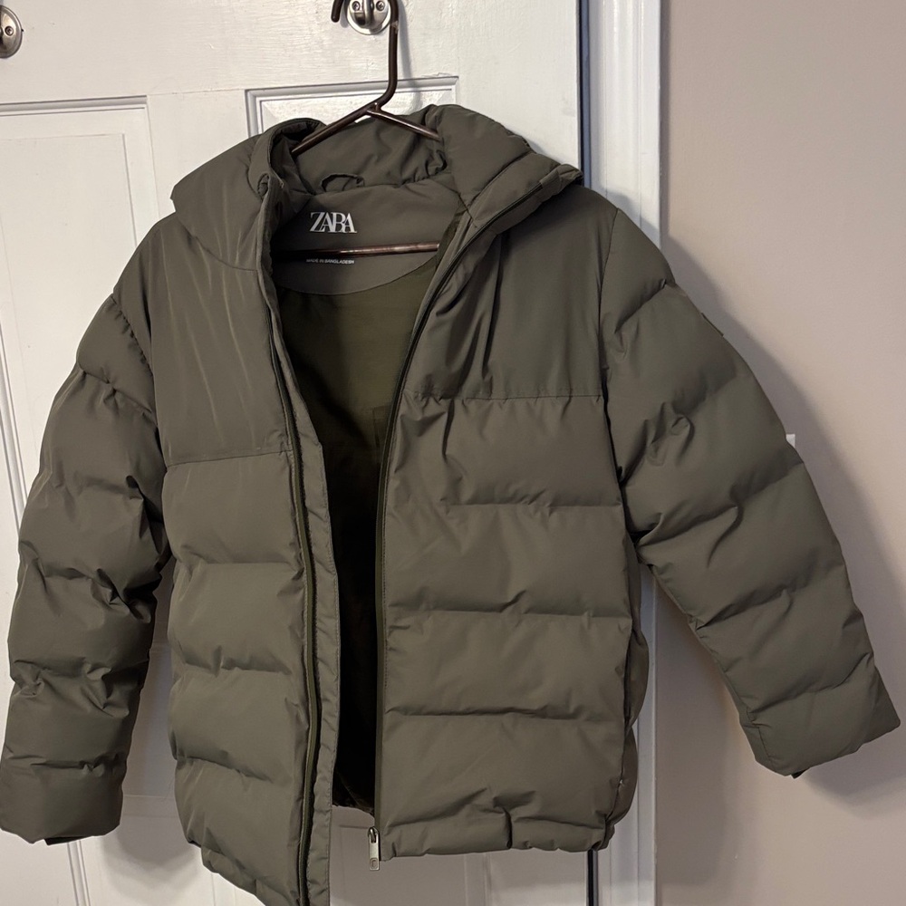 Zara olive green hooded jacket, now $40